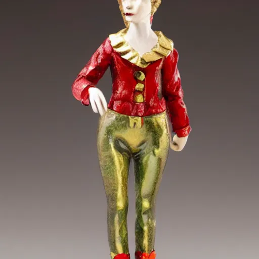 Prompt: Margaret Le Van Alley Cat fashion statuette, wearing festive clothing, full body render, museum quality photo