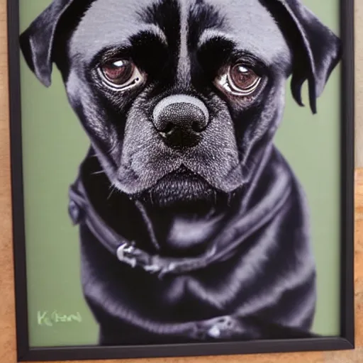 Image similar to portrait of black pugalier dog, by ken done