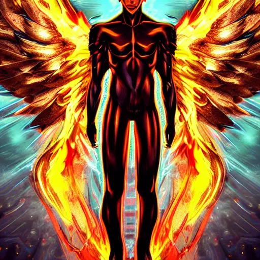 Prompt: villan angel handsome in love slayer art, night, electro lines, anime style, detailed face, high quality, smooth in 8k, sharp focus, beautiful scene, black border, beautiful scene with a lot of colors, colorful fire, many colors