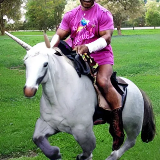 Prompt: mike tyson riding on a unicorn photograph