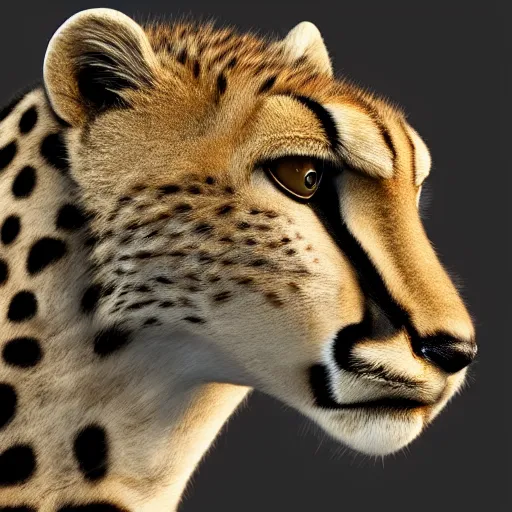 Prompt: a cheetahs head, front view, cyber punk, 4 k, ultra realistic, octane rendering