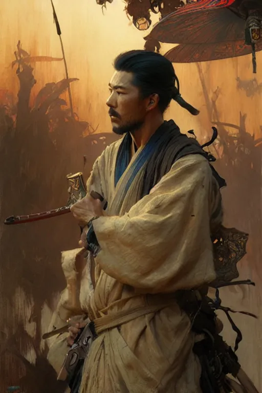 Image similar to attractive man, ghost of tsushima, cool colors, painting by gaston bussiere, craig mullins, greg rutkowski, alphonse mucha