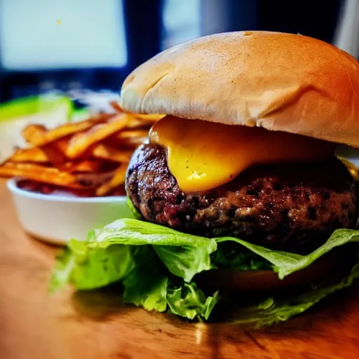 Image similar to close up high resolution photo of cheeseburger, very tasty, food photography, instagram, trending