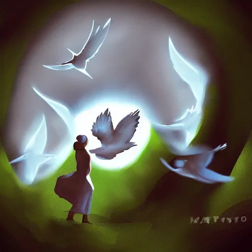 Image similar to a human ear shaped portal, doves flying into the portal, peaceful, digital illustration, trending on artstation