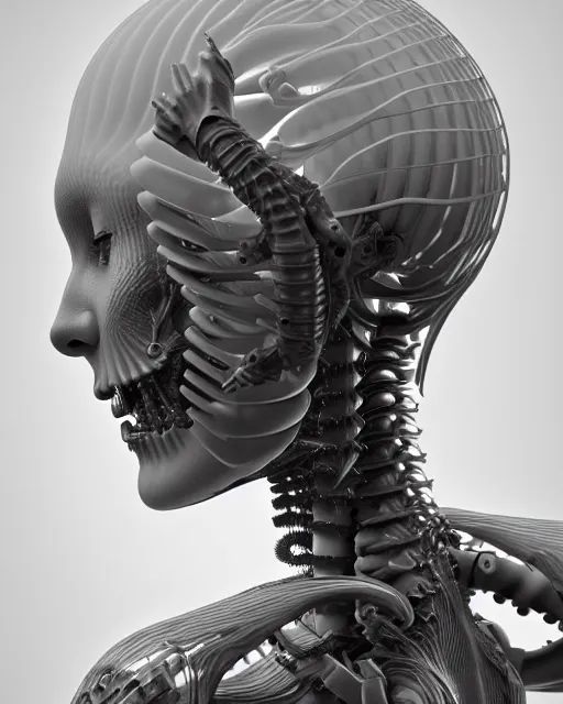 Prompt: raw bw 3 d redshift render flesh biomechanical intricate spinal ribbed jelly body detail of mechanical female vegetal - cyborg, beautiful insanely detailed, digital art, octane render, 8 k artistic photography, photo - realistic, unreal engine