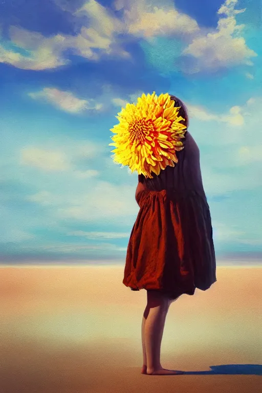 Image similar to closeup giant dahlia flower head, girl standing on beach, surreal photography, blue sky, sunrise, dramatic light, impressionist painting, digital painting, artstation, simon stalenhag