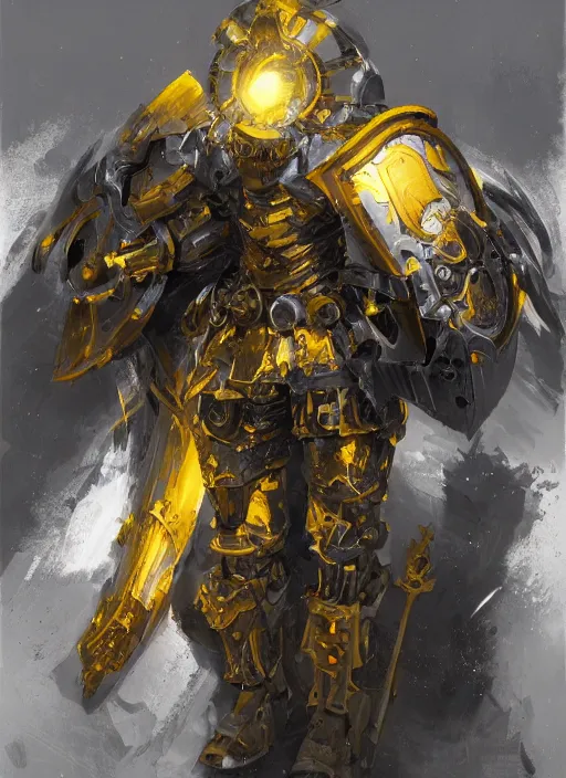 Prompt: dynamic abstract portrait of a intricate glorious holy mechanical warforged character in yellow armor holding a paladin engraved great longsword drawn and carrying a big paladin shield, beam glowing eye , epic , trending on ArtStation, masterpiece, cinematic lighting, by Ross Tran and by Greg Rutkowski