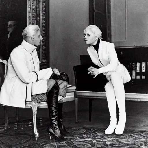 Image similar to Platinum-blonde-haired hime-cut blue-eyed French empress wearing white leggings, black jacket, boots, sitting in office, communist officer standing next to her, talking