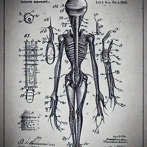 Image similar to 1 2 century scientific schematics alien anatomy, handwriting annotations!!!, blueprint, patent registry