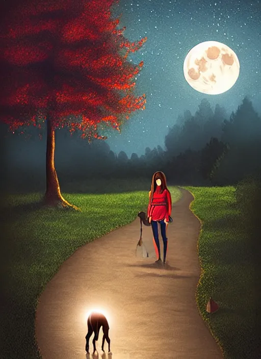 Image similar to young beautiful brown woman walking her dog in a park at night with a full moon, illustration, photoreal, fantasy