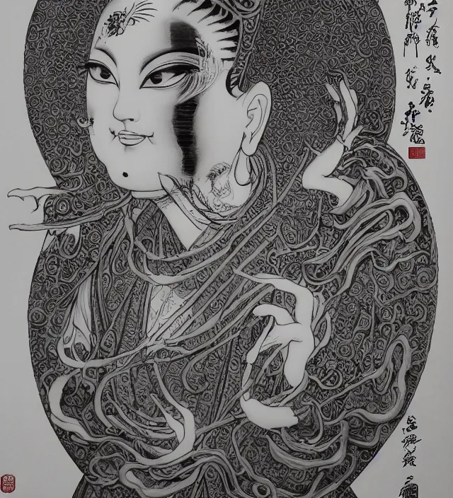 Prompt: taoist buddhist art detailed ink drawing painting of a beautiful girl portrait in alex ross frank miller gantz miura kentaro giger escher sorayama style detailed trending award winning