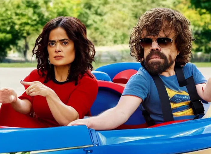 Prompt: peter dinklage and salma hayek driving a little tikes cozy coupe, movie still, from the new fast and furious, 8 k, realistic