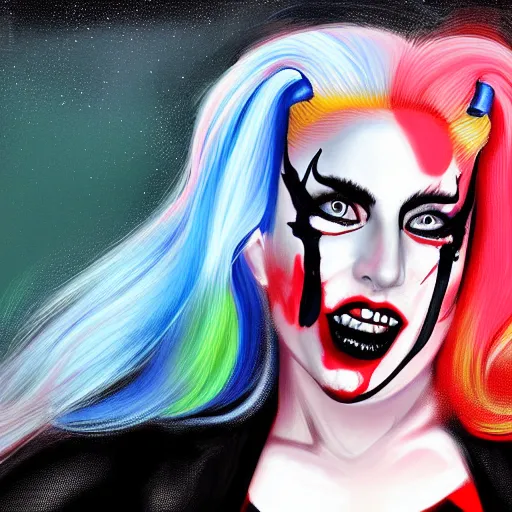 Prompt: Lady Gaga as Harley Quinn, digital painting, highly detailed