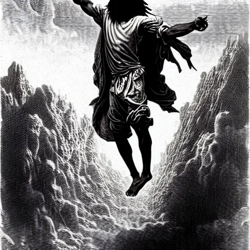 Image similar to cheef keef ascending into heaven holding cough syrup, biblical image, style of gustave dore, highly detailed, beautiful, high contrast, black and white