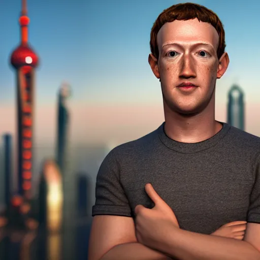 Image similar to professional photograph of very hot and muscular mark zuckerberg, gleaming skin, glowing, sparkling, on top on shanghai tower, hyper realistic, rendered in unreal 5, octane render, artstation, ambient lighting