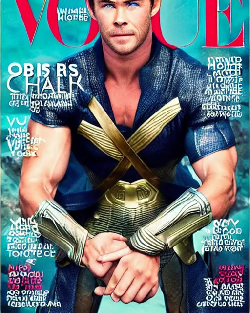 Image similar to chris hemsworth as wonderwoman, vogue cover photo