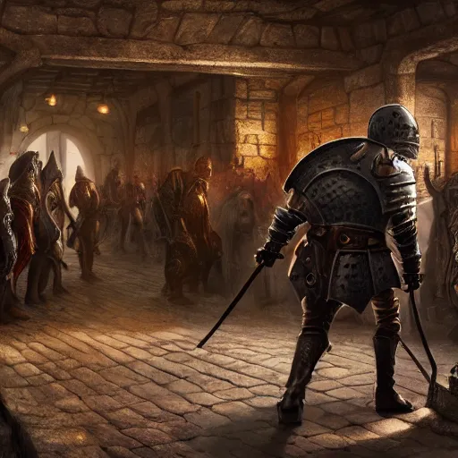 Image similar to An adventurer in leather armor walking into a tavern filled with people, HD, ultra detail, matte, fantasy, famous illustration, masterpiece, dark atmosphere, war, good value control, intricate, cinematic, concept art, 8K,