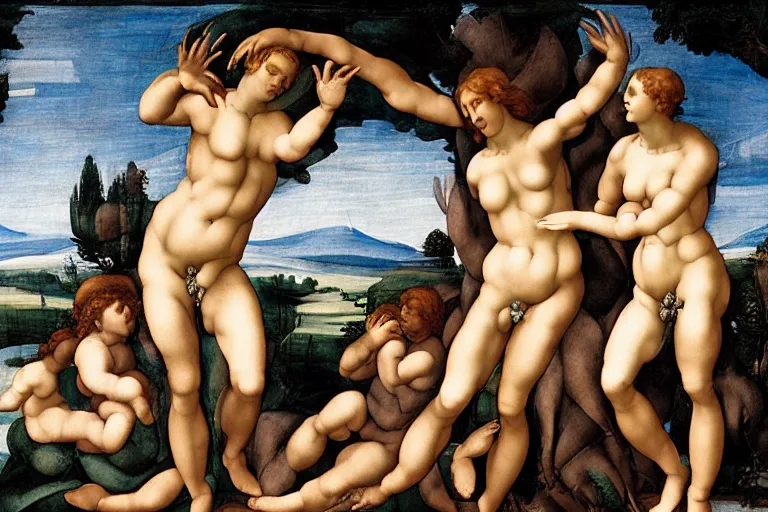 Image similar to creation of eve by michelangelo, with 2 aliens