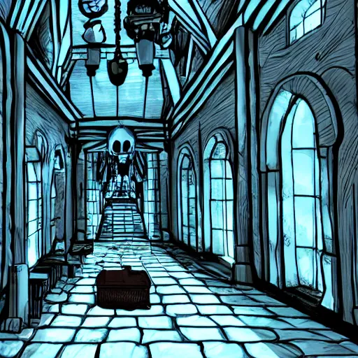 Image similar to sans from Undertale inside of his castle, interior view