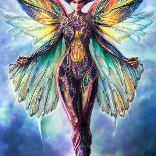 Image similar to a beautiful symmetrical woman full body wearing diamond armor with translucent colorful wings by alex gray and android jones , Karol Bak, Ayami Kojima, Amano , concept art, character design, fantasy,3D, 8k resolution