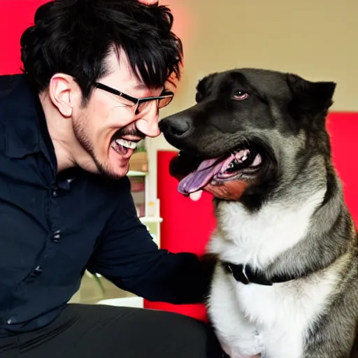 Prompt: a caricature of Markiplier laughing happily as he pets his dog.