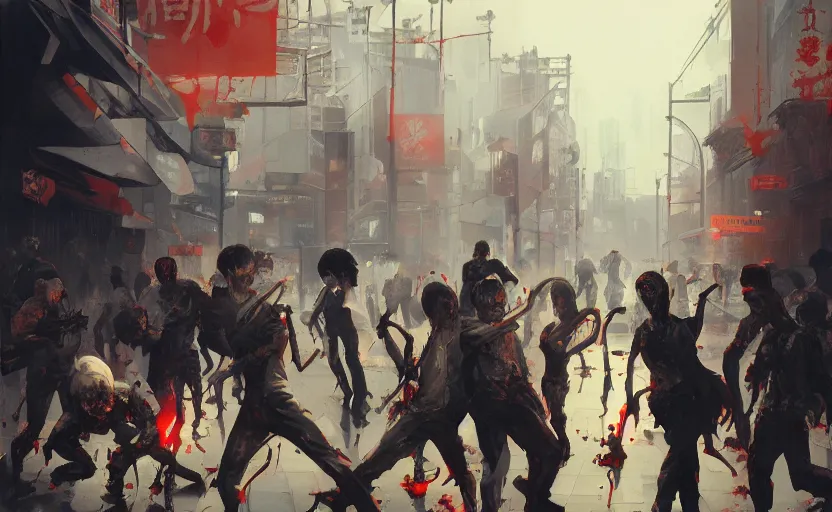 Image similar to zombie riots in the streets of tokyo, digital painting, masterpiece, by ilya kuvshinov, by frank frazetta, by mbius, by reiq, by hayao miyazaki