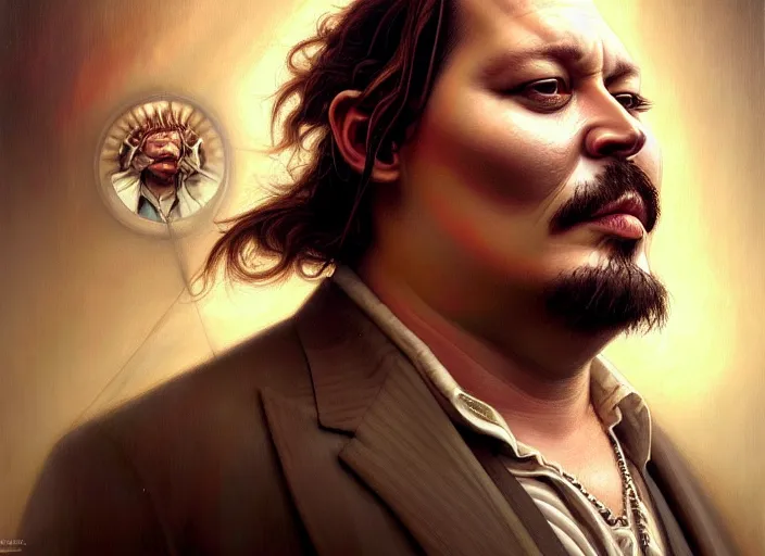 Prompt: wideangle!! portrait shot of fat johnny depp, intricate, elegant, highly detailed, centered, digital painting, artstation, concept art, smooth, sharp focus, illustration, artgerm, tomasz alen kopera, peter mohrbacher, donato giancola, joseph christian leyendecker, wlop, boris vallejo