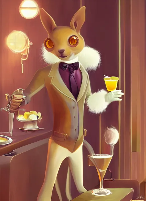 Image similar to squirrel anthro as a dapper bartender with a huge fluffy tail, retro futurism, art deco, detailed painterly digital art by WLOP and Cory Loftis, 🐿🍸🍋, furaffinity, trending on artstation