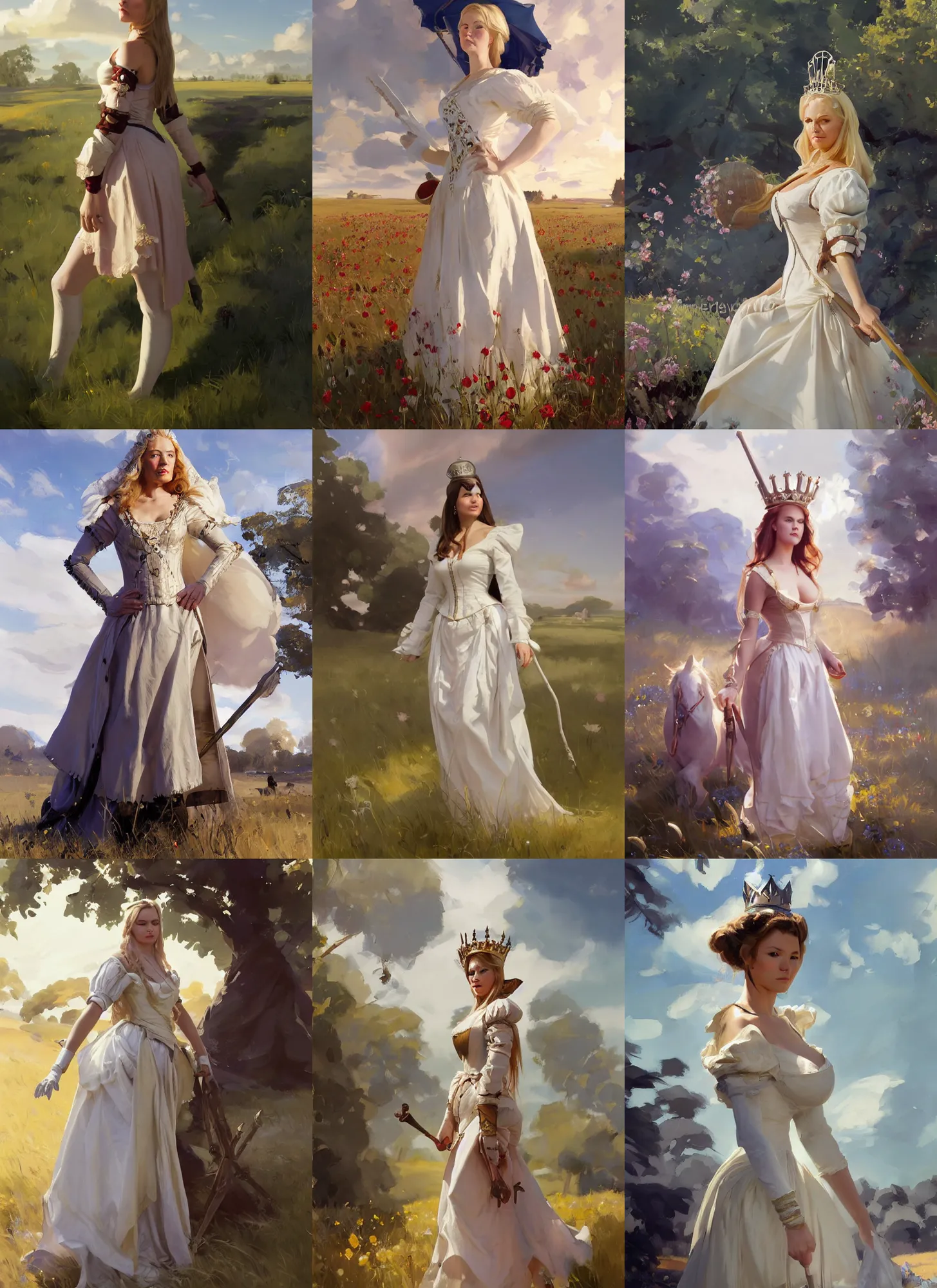Prompt: finnish norwegian swedish scandinavian attractive glamour model as a queen wearing 1 7 th century dress walking in the field in a sunny day, jodhpurs greg manchess painting by sargent and leyendecker studio ghibli fantasy medium shot asymmetrical intricate elegant matte painting illustration hearthstone by greg rutkowski by greg tocchini by james gilleard