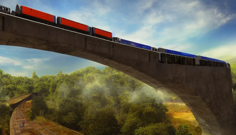 Image similar to futuristic train driving over futuristic aqueduct, green hills, matte painting, artstation, sunrise, blue sky, drone view