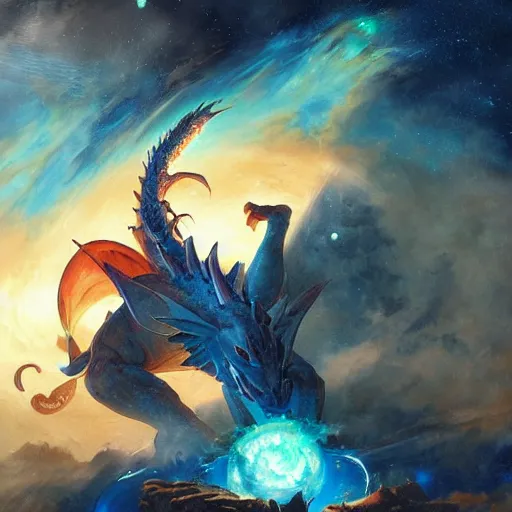 Prompt: prompt crystalline blue dragon devouring a planet, space, planets, moons, sun system, nebula, oil painting, by Fernanda Suarez and and Edgar Maxence and greg rutkowski