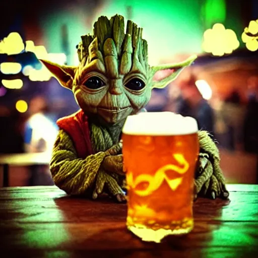 Image similar to “Baby yoda and Groot drinking beer at Oktoberfest , cinematic lighting”