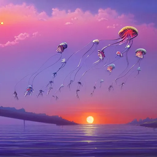 Prompt: a beautiful painting of a group of jellyfish fly in sunset by Angus Mckie, Trending on artstation