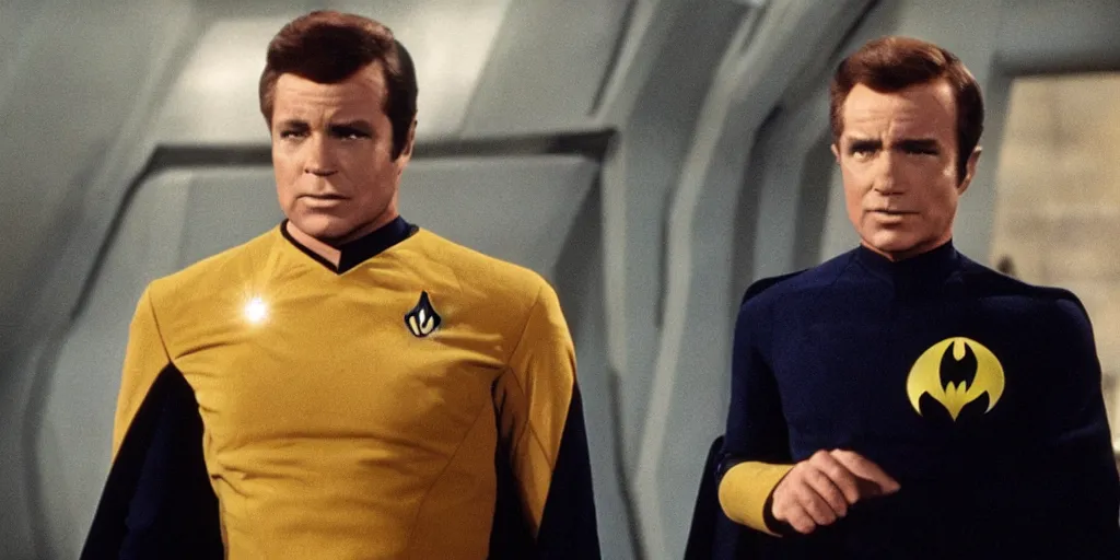 Prompt: (Batman) in Starfleet uniform, in the role of Captain Kirk in a scene from Star Trek the original series