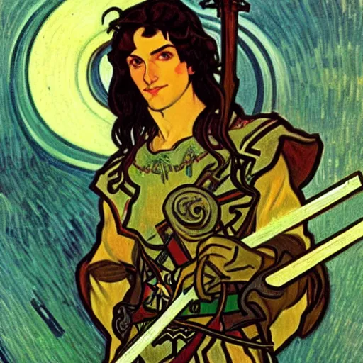 Prompt: painting of young handsome beautiful paladin elf!! man with long! dark hair, elf paladin fighting goblins with his sword, armor, modest, art by alphonse mucha, vincent van gogh, egon schiele,