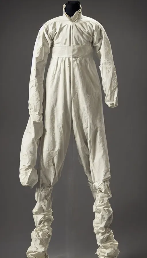 Image similar to a hazmat suit designed in the 1 8 th century, cutting edge technology of the time, hazard protection gear from the 1 8 0 0's, a museum piece