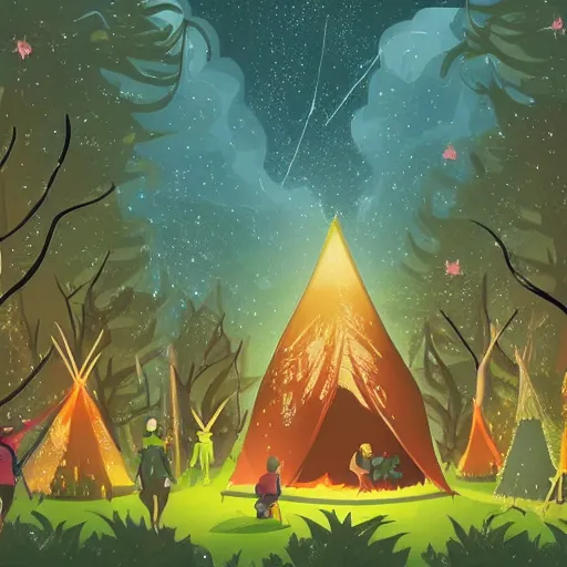 Prompt: « Epic illustration of a group of adventurers camping in a forest full of fairys at the night full of stars, with a very beautiful background and lights »