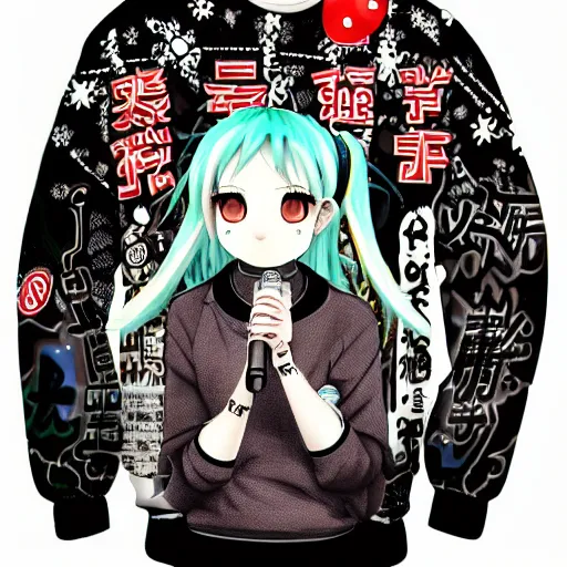 Image similar to hatsune mikue in a sweater rapper with microphone dark art