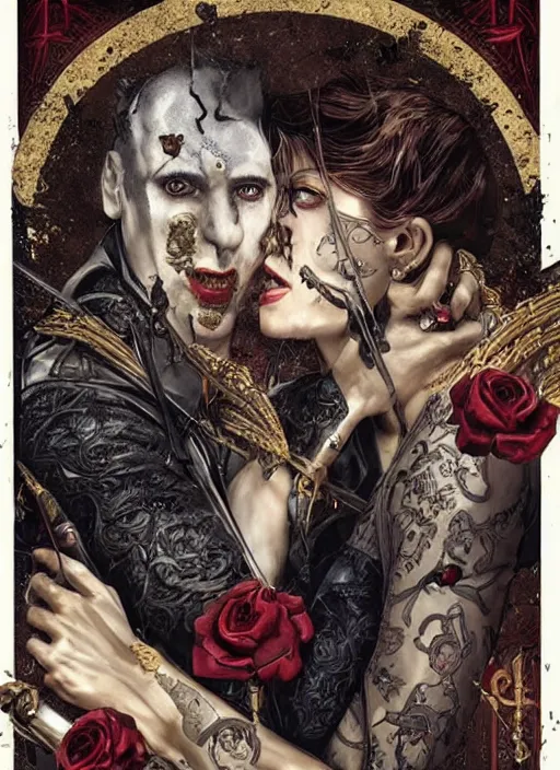 Image similar to tarot card :: horror :: vampires and draculas :: hearts and roses :: gold and silver :: guns and swords :: side profile :: highly details :: intricate details :: Sandra Chevrier and bastien lecouffe deharme