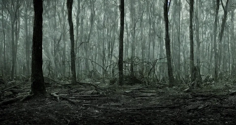 Image similar to A dense and dark enchanted forest with a swamp, by gregory crewdson