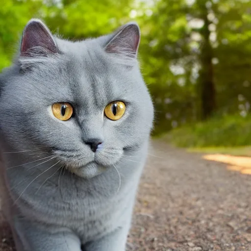 Image similar to a fluffy roadster with material from British Shorthair, parking in the forest, warm light, realistic, 4k, hd, highly detailed