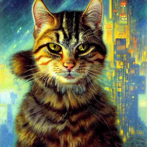 Image similar to portrait of a furry fluffy female tabby cat in a business suit. shadowrun cyberpunk furaffiniy fantasy highly detailed painting by gaston bussiere craig mullins jc leyendecker gustav klimt artgerm greg rutkowski john berkey, bergey, craig mullins, ruan jia, raymond swanland, jeremy mann, tom lovell, alex malveda