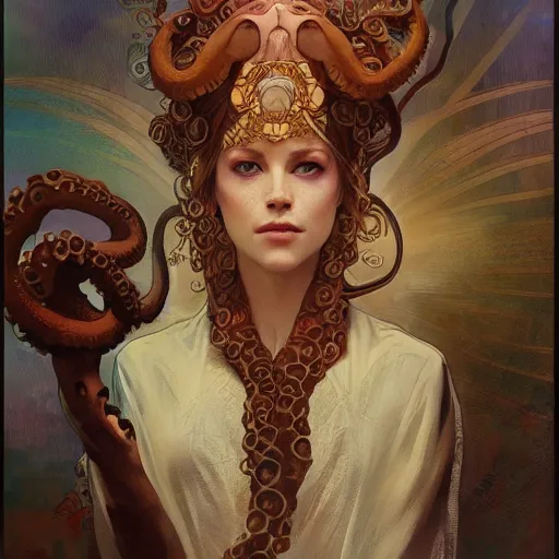 Image similar to A portrait of the Octopus Queen, Magic the Gathering art, art by greg rutkowski and alphonse mucha, matte painting, concept art, trending on artstation, very detailed