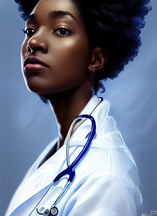 Image similar to half body portrait of young black woman as a doctor, blue scrubs and white coat, intricate, beautiful and elegant, highly detailed, digital painting, artstation, concept art, smooth, sharp focus, illustration, art by wlop, mars ravelo and greg rutkowski