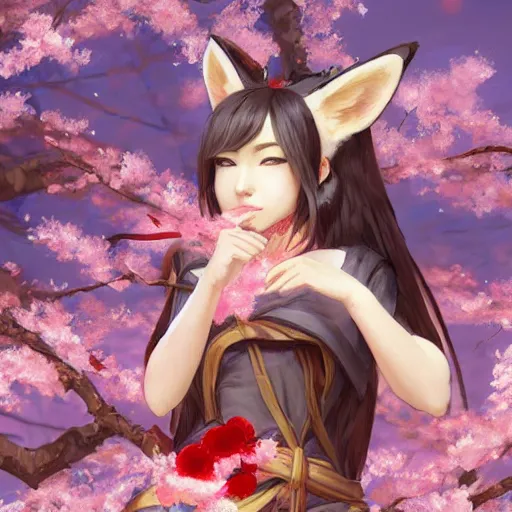 Prompt: a woman with fox ears and multiple fox tails wearing a shrine maiden outfit standing under a cherry blossom tree, full body shot, d & d, fantasy, beautiful, highly detailed, digital painting, artstation, concept art, matte, sharp focus, illustration, hearthstone, art by artgerm, greg rutkowski, alphonse mucha