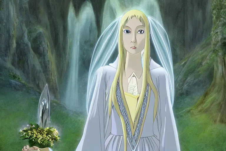 Image similar to tonemapped galadriel by hayao miyazaki, highly detailed,