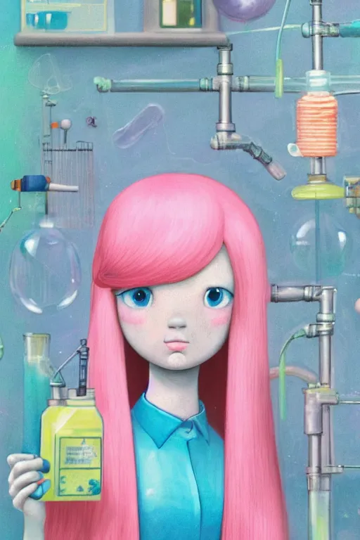 Image similar to highly detailed, industrial photography, colored gel light, profile photo of adult princess bubblegum from adventure time, working in her science lab, wearing lab coat, long bubblegum hair, long straight bangs, confident, beautiful, attractive, illustration concept art by nicoletta ceccoli, mark ryden, lostfish, detailed and intricate environment, 8 k resolution, hyperrealistic, octane render