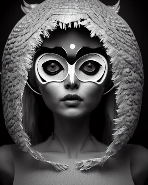 Image similar to surreal mythical dreamy dark artistic black and white fine art 3 / 4 portrait photo of a young delicate female robot with orchid - owl face, rim light, cinematic, studio dramatic light, poetic, octane render, 8 k, photo - realistic by hg giger