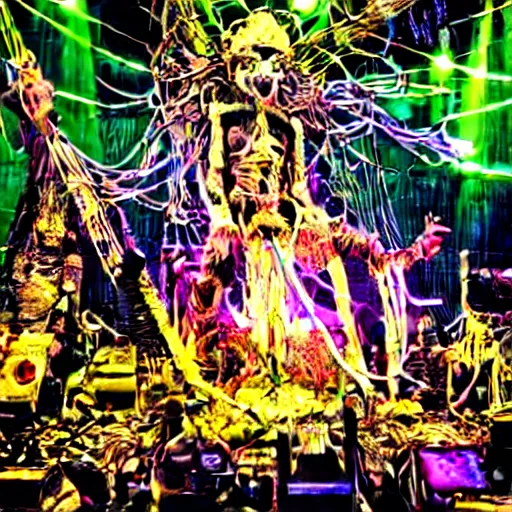 Prompt: 10,100 wemon worshipping the cybercore dragon angel pimp covered in wires damnation, holy ceremony, heavens gate, low quality photo, crowd, flikr