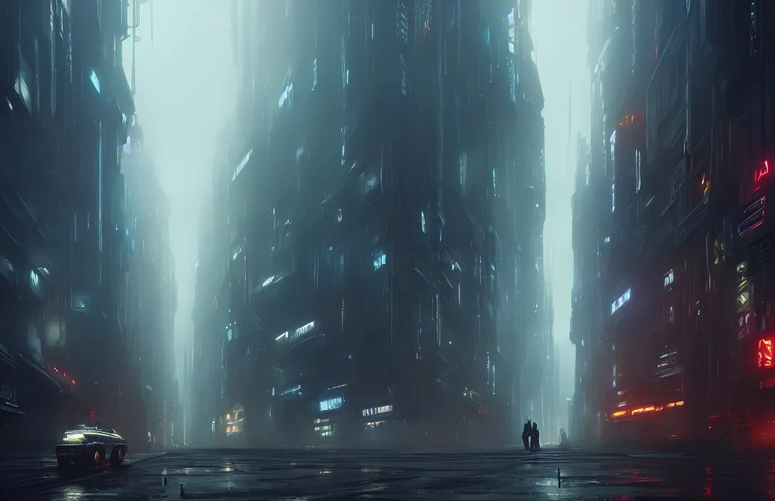 Prompt: inner city streets concept art of an imperial russian sci fi alien civilization, matte painting by Martin Deschambault, Blade Runner color scheme, featured in artstation, octane render, cinematic, elegant, intricate, 8k